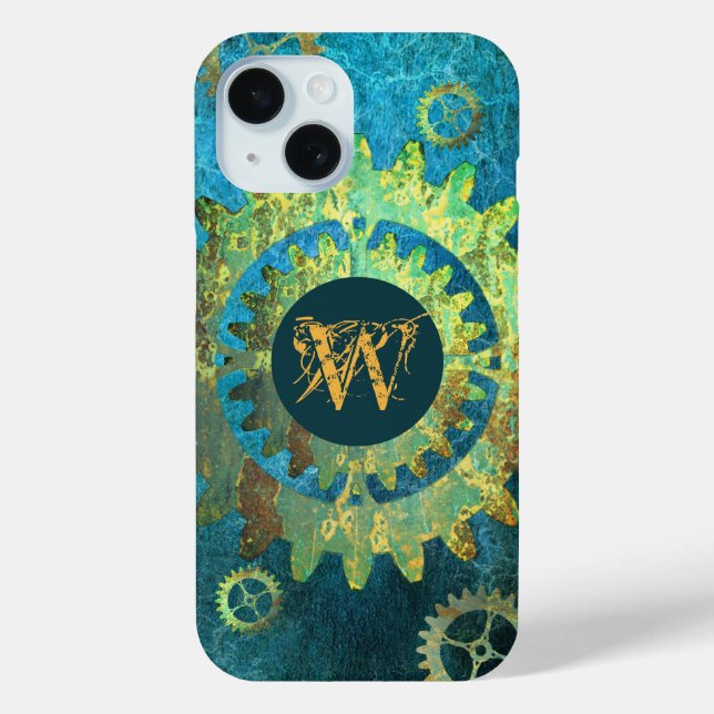 Monogrammed Steampunk Verdigris Rusty Cogwheel Case-Mate iPhone Case (Back)