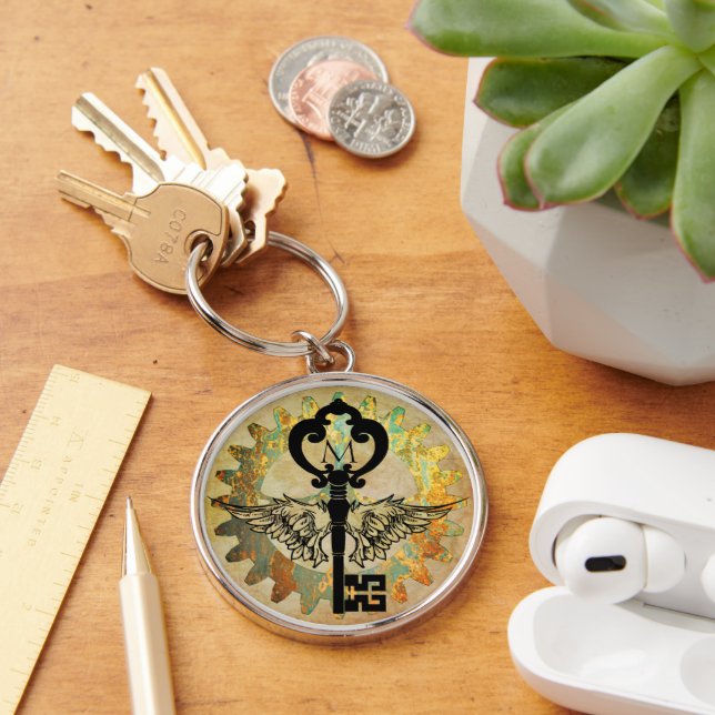 Monogrammed Steampunk Winged Key Rusty Cogwheel Keychain (Desk)