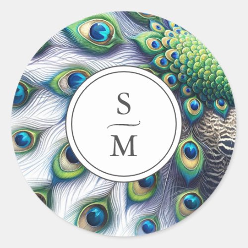 Monogrammed Sticker Watercolor Peacock Feathers