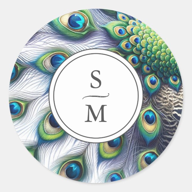 Monogrammed Sticker Watercolor Peacock Feathers (Front)