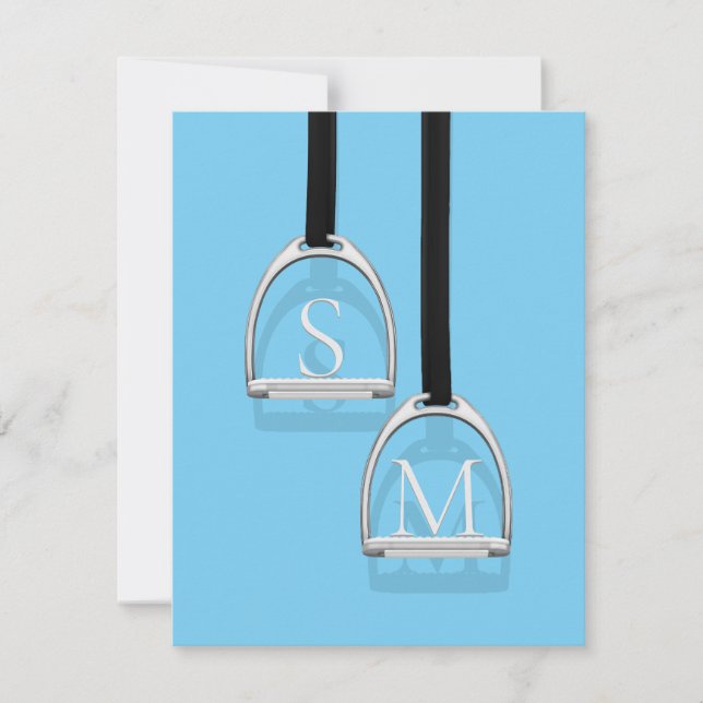 Monogrammed Stirrup Irons Blue Equestrian Note Card (Front)