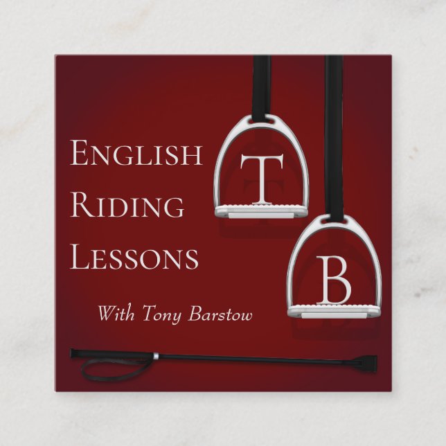 Monogrammed Stirrup Irons Dark Red Equestrian Square Business Card (Front)