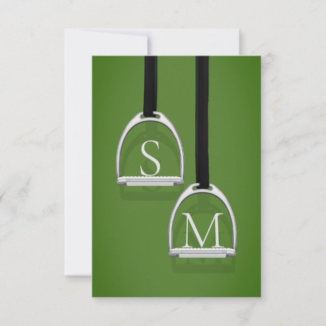 Monogrammed Stirrup Irons Grass Green Equestrian Thank You Card (Front)