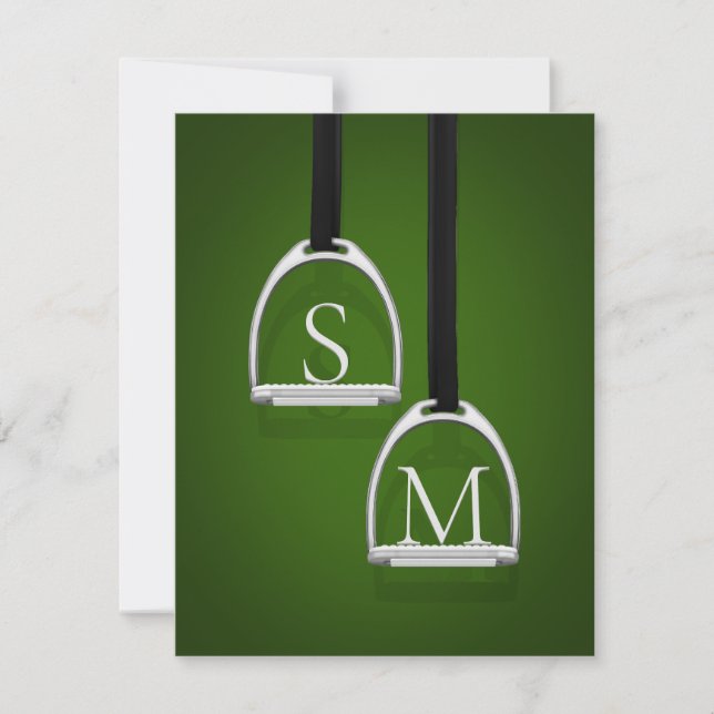 Monogrammed Stirrup Irons Hunter Green Equestrian Note Card (Front)