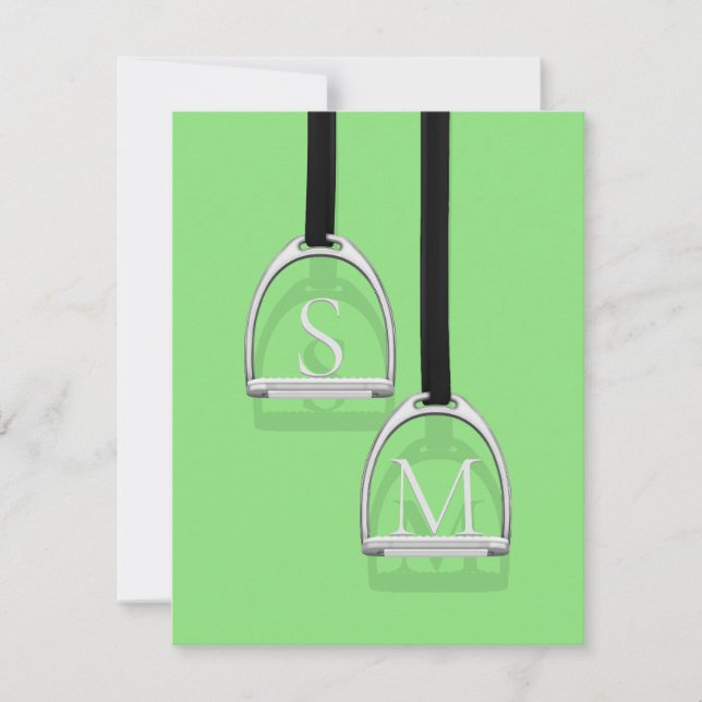 Monogrammed Stirrup Irons Lime Green Equestrian Note Card (Front)