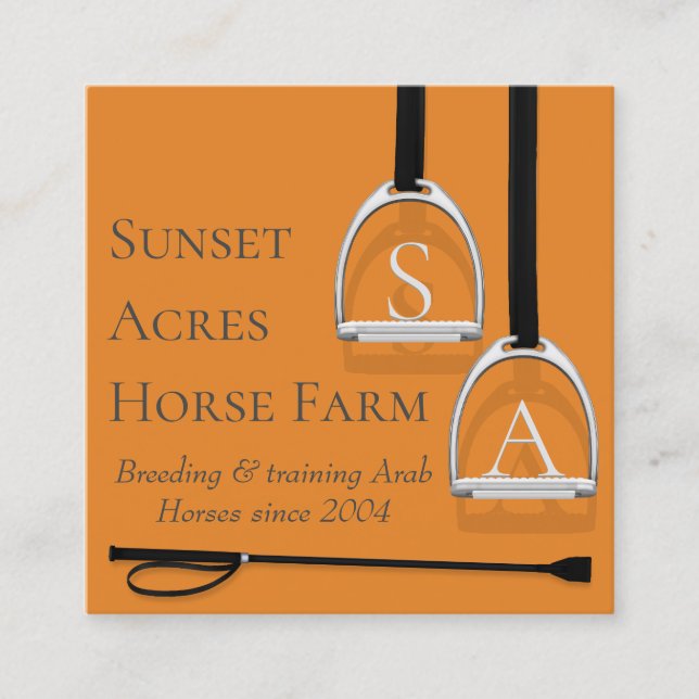 Monogrammed Stirrup Irons Orange Equestrian Square Business Card (Front)