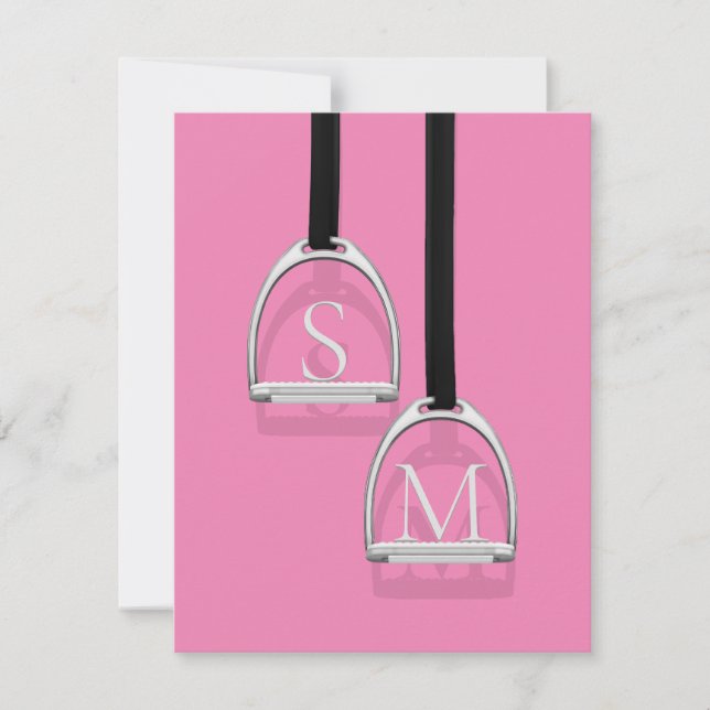 Monogrammed Stirrup Irons Pink Equestrian Note Card (Front)