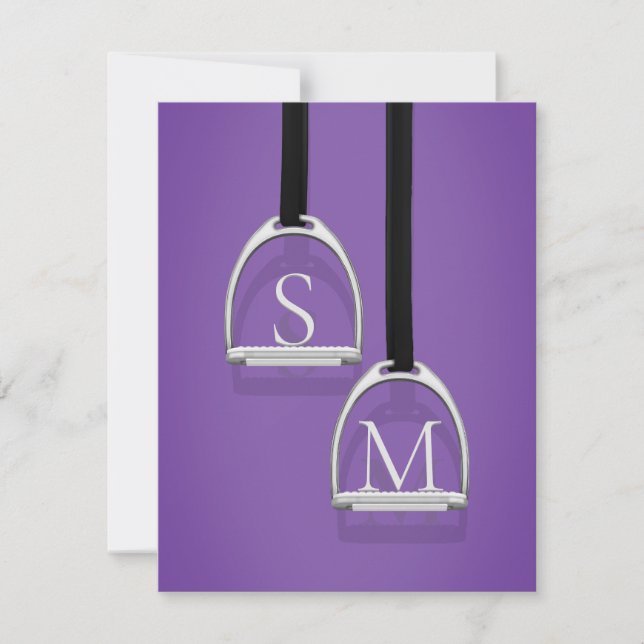 Monogrammed Stirrup Irons Purple Equestrian Note Card (Front)