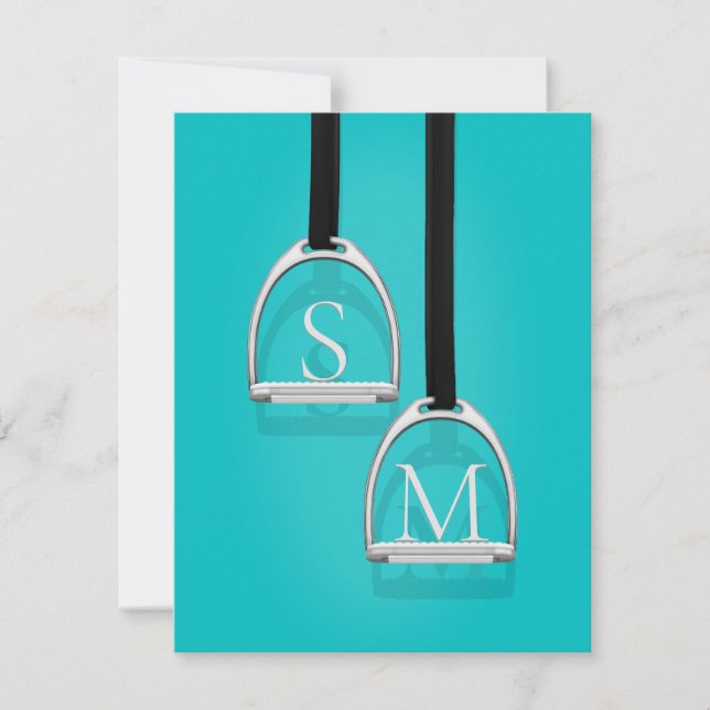 Monogrammed Stirrup Irons Turquoise Equestrian Note Card (Front)