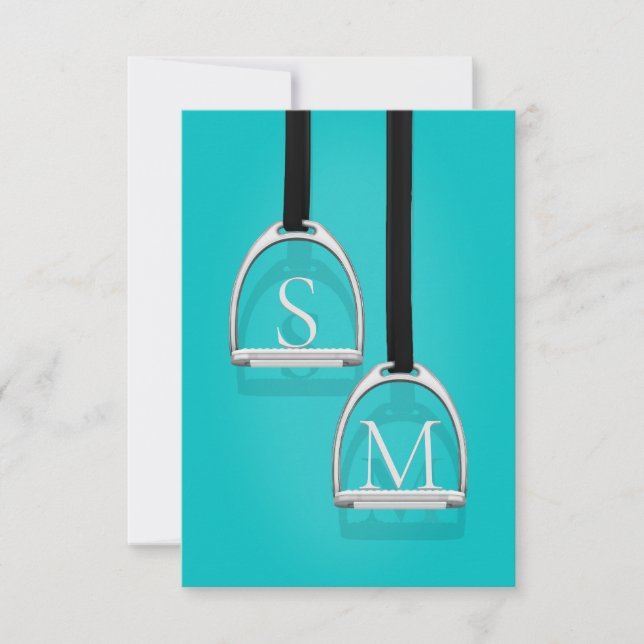 Monogrammed Stirrup Irons Turquoise Equestrian Thank You Card (Front)