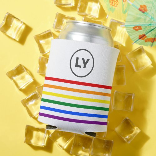 Monogrammed Striped Pride Rainbow Flag White Can Cooler