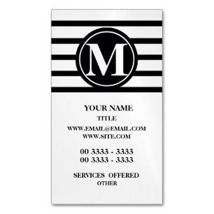 Monogrammed Stripes Pattern Black and White Business Card Magnet