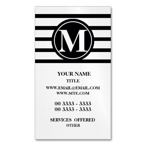 Monogrammed Stripes Pattern Black and White Business Card Magnet