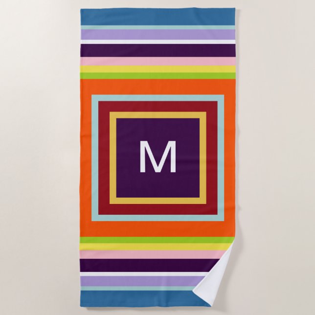 Monogrammed Stripes Pink Blue Yellow Orange Purple Beach Towel (Front)
