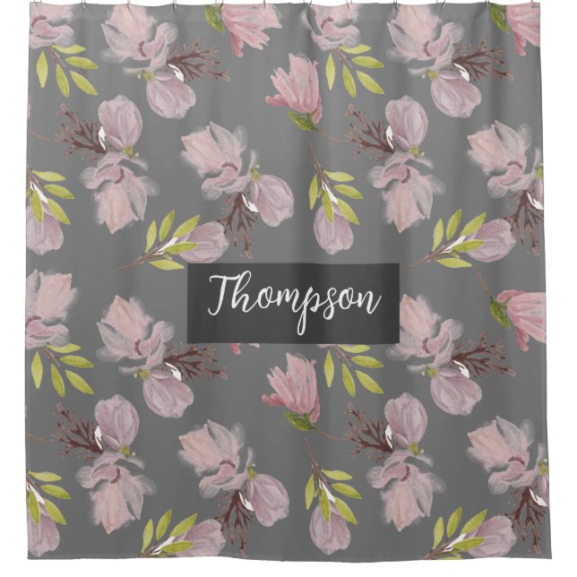 Monogrammed stylish dark grey cute floral pattern shower curtain (Front)