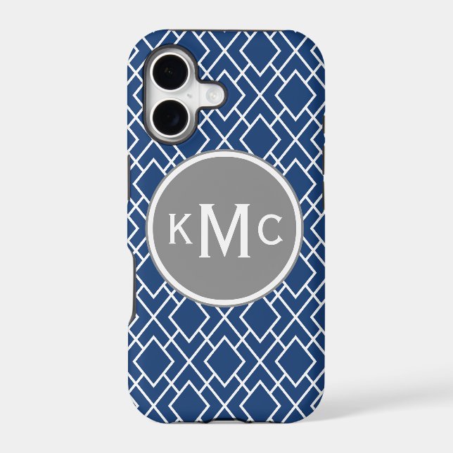 Monogrammed Stylish Navy Blue Diamond Pattern Iphone Case (Back)