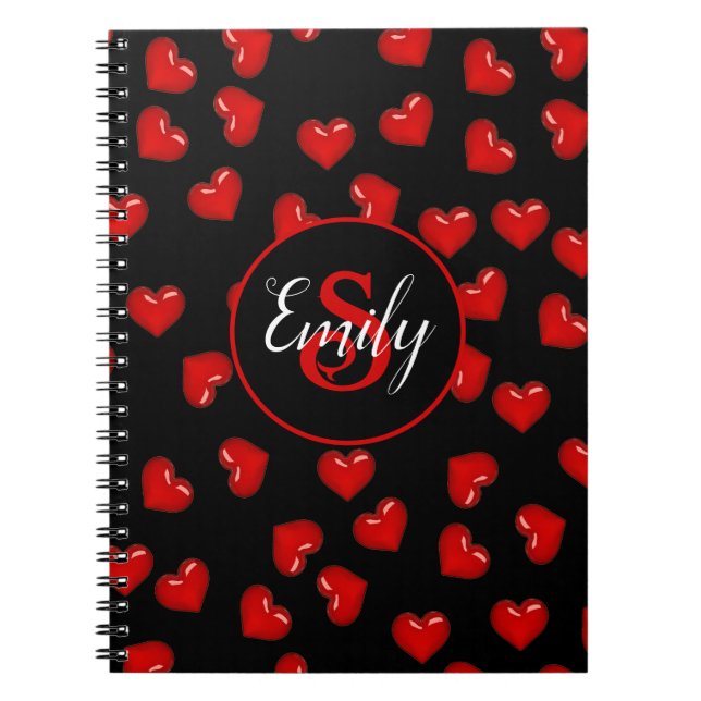 monogrammed stylish Red heart pattern on black Notebook (Front)