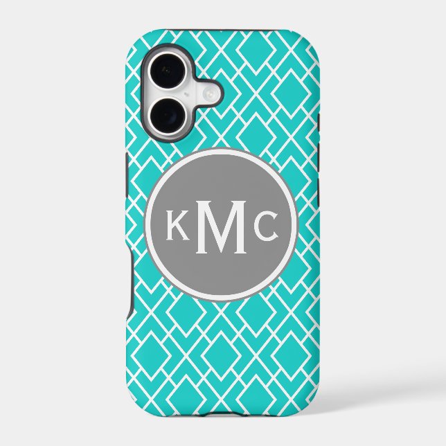 Monogrammed Stylish Teal Blue Diamond Pattern Iphone Case (Back)