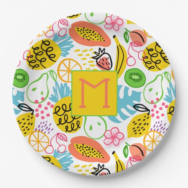 Monogrammed Summer Fruit Pattern Paper Plates (Front)