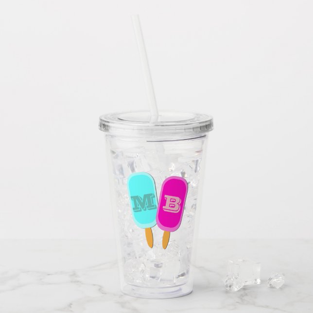 Monogrammed Summer Iced Lollies Popsicles Acrylic Tumbler (Front Ice)