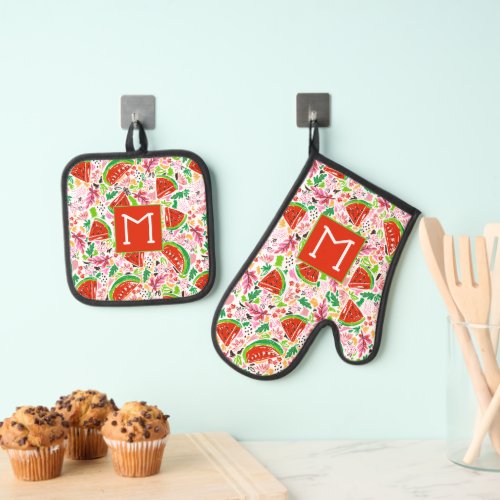 Monogrammed Summer Watermelon Fruit Pattern Oven Mitt  Pot Holder Set