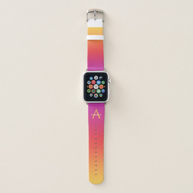 Monogrammed Summer Yellow, Red & Violet Ombre Apple Watch Band (Front)