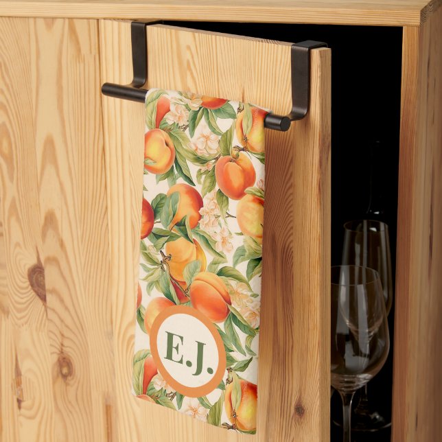 Monogrammed Summertime Peaches, Peach Themed  Kitchen Towel (Thirds Fold)