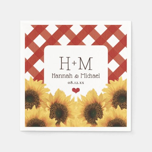 Monogrammed Sunflower and Red Gingham Wedding Napkins