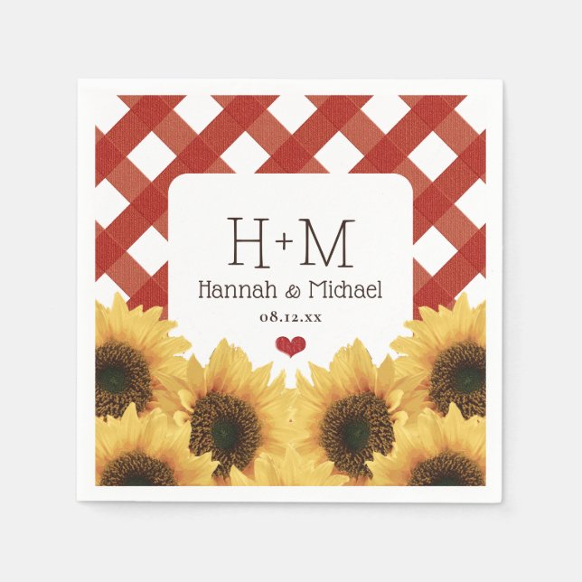 Monogrammed Sunflower and Red Gingham Wedding Napkins (Front)