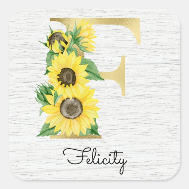 Monogrammed Sunflower Floral Initial F Square Sticker (Front)