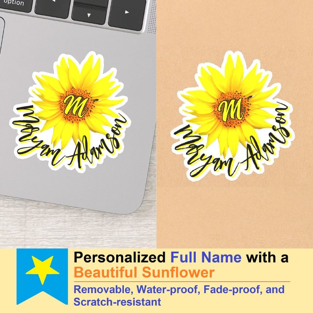 Monogrammed Sunflower Girl Tag - Handwritten Name Sticker (waterproof monogram Sunflower Handwritten Name Sticker)