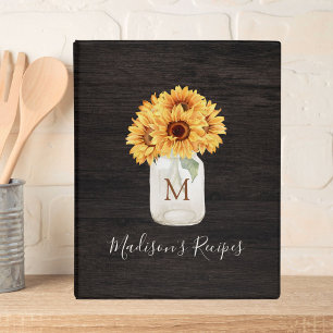 Monogrammed Sunflower Mason Jar Black Wood Recipe Mini Binder