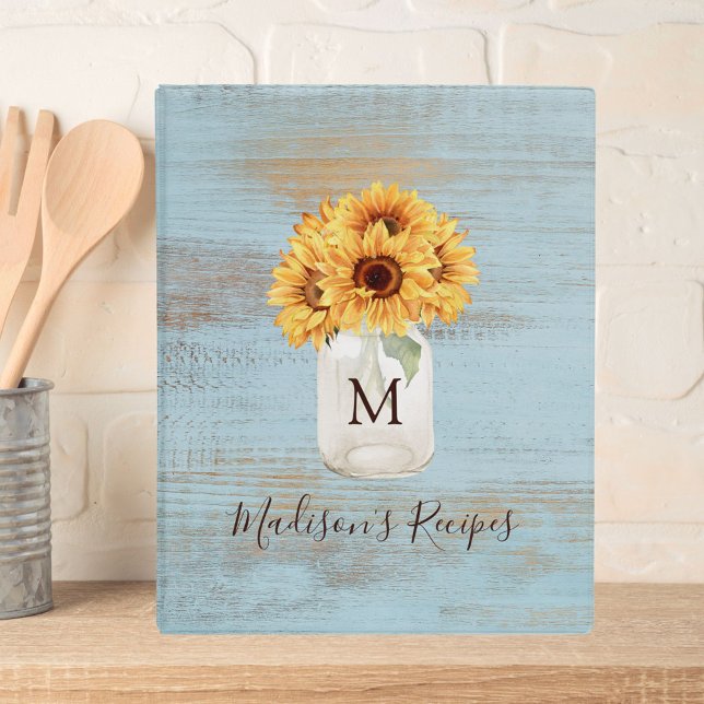 Monogrammed Sunflower Mason Jar Blue Wood Recipe Mini Binder (In situ)