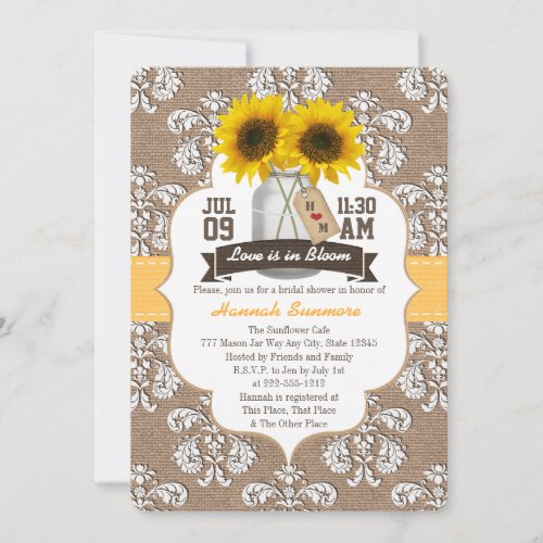 Monogrammed Sunflower Mason Jar Bridal Shower Invitation