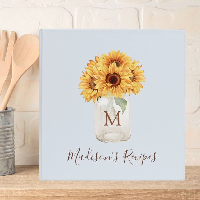 Monogrammed Sunflower Mason Jar Pastel Blue Recipe 3 Ring Binder (In situ)