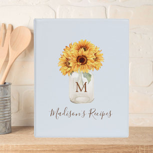 Monogrammed Sunflower Mason Jar Pastel Blue Recipe Mini Binder