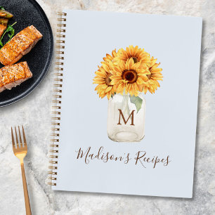 Monogrammed Sunflower Mason Jar Pastel Blue Recipe Notebook