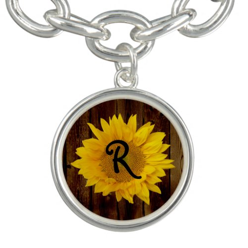 Monogrammed Sunflower on Vintage Barn Wood Country Charm Bracelet