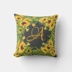 Monogrammed Sunflowers Gray Yellow Rustic Decor Throw Pillow