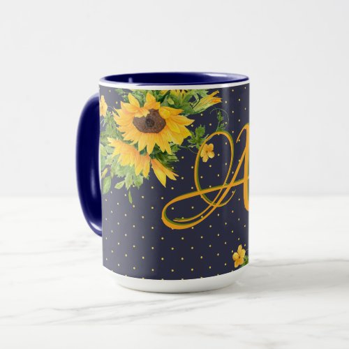 Monogrammed Sunflowers Navy Blue Yellow Decor Mug