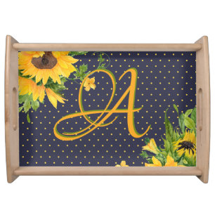 Monogrammed Sunflowers Navy Blue Yellow Decor Serving Tray
