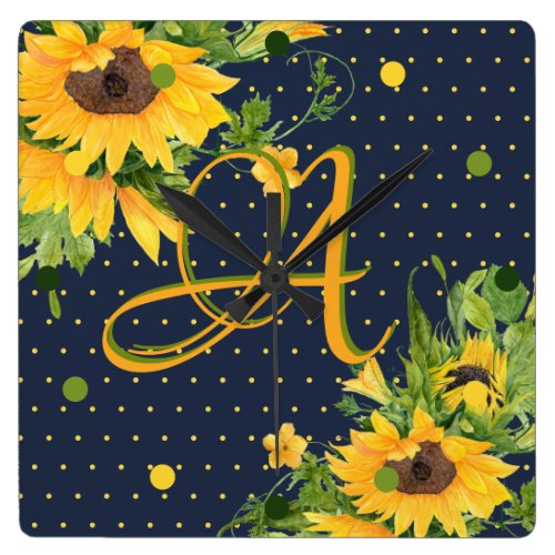 Monogrammed Sunflowers Navy Blue Yellow Decor Square Wall Clock