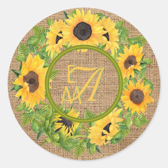 Monogrammed Sunflowers Pattern Decorative Classic Round Sticker (Front)