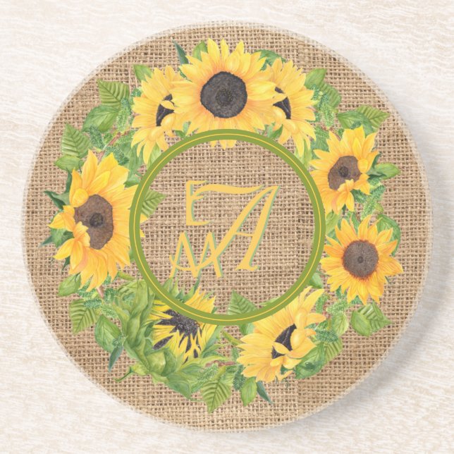 Monogrammed Sunflowers Pattern Decorative Coaster (Front)