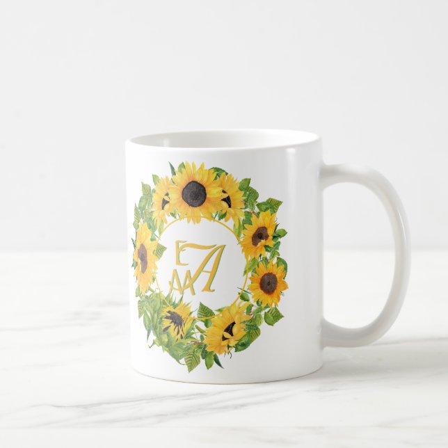 Monogrammed Sunflowers Pattern Decorative Coffee Mug (Right)