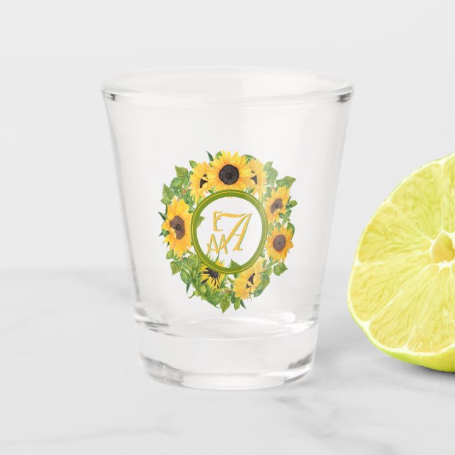 Monogrammed Sunflowers Pattern Decorative Shot Glass (Front)