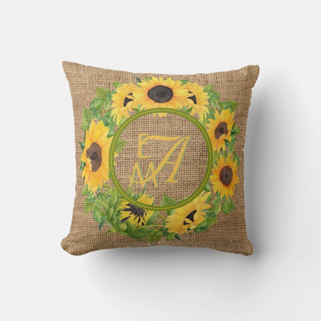 Monogrammed Sunflowers Pattern Decorative Throw Pillow (Front)