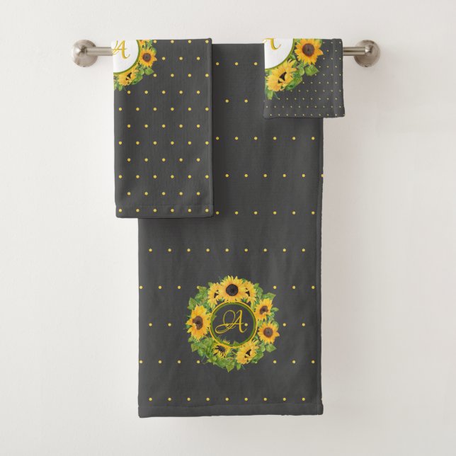 Monogrammed Sunflowers Polkadots Yellow Dark Gray Bath Towel Set (Insitu)