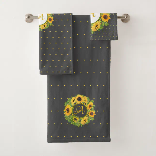 Monogrammed Sunflowers Polkadots Yellow Dark Gray Bath Towel Set Zazzle