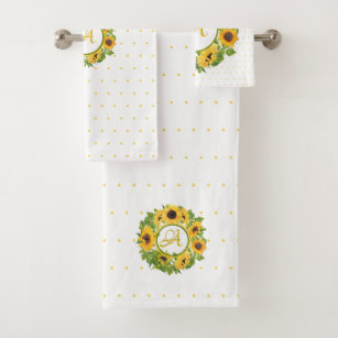 Monogrammed Sunflowers Polkadots Yellow White Bath Towel Set